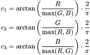 \[ \begin{aligned} c_1 &= \arctan \left( \frac{R}{\max(G,B)} \right) \cdot \frac{2}{\pi}\\ c_2 &= \arctan \left( \frac{G}{\max(R,B)} \right) \cdot \frac{2}{\pi}\\ c_3 &= \arctan \left( \frac{B}{\max(R,G)} \right) \cdot \frac{2}{\pi} \end{aligned} \]