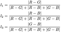 \[ \begin{aligned} l_1 &= \frac{|R-G|}{|R-G| + |R-B| + |G-B|}\\ l_2 &= \frac{|R-B|}{|R-G| + |R-B| + |G-B|}\\ l_3 &= \frac{|G-B|}{|R-G| + |R-B| + |G-B|} \end{aligned} \]