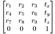 \[\begin{bmatrix} r_1 & r_2 & r_3 & t_x \\ r_4 & r_5 & r_6 & t_y \\ r_7 & r_8 & r_9 & t_z \\ 0 & 0 & 0 & 1 \end{bmatrix}\]